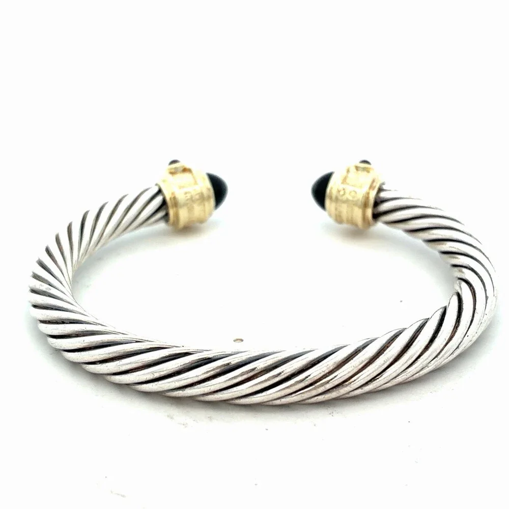David Yurman Sterling Silver 14K Gold Onyx Renaissance Cablespira Cuff Bracelet